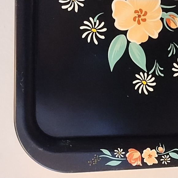Black Tole Serving Tray Floral Metal Toleware Hand Painted Vintage - Picture 4 of 6